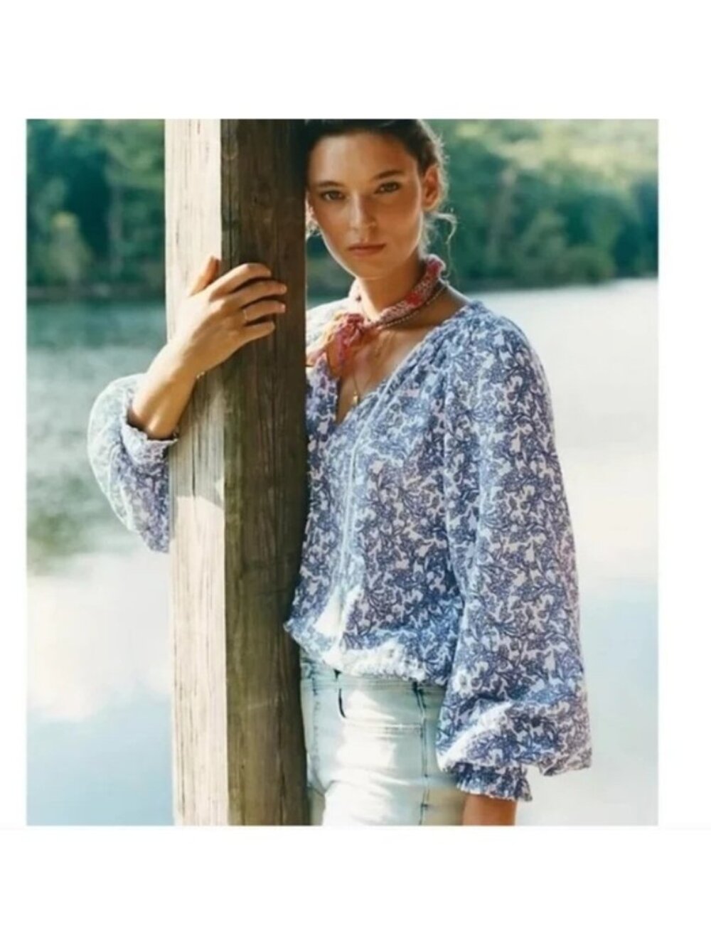 Anthropologie Porridge Elizabeth Blue Floral Peasant Blouse Womens Size Small